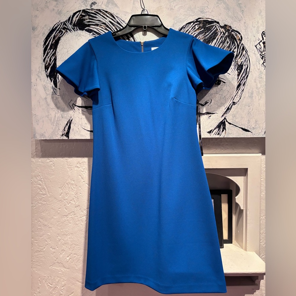 Calvin Klein Capri Blue Stretch Crepe Flutter Slv Shift Dress size 8